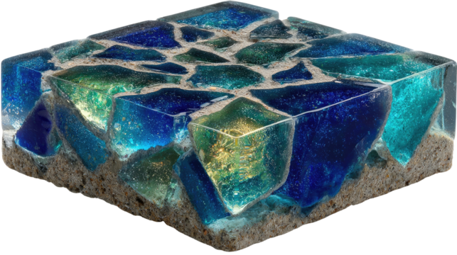 Abstract Glass Cube: Close-up of an elegant square mosaic of colorful glass pieces fused together, captured in a photorealistic shot. 
