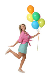 Smiling woman with bunch of colorful balloons on white background