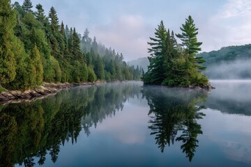 Tranquil forest lake reflecting towering evergreen trees under a misty morning sky