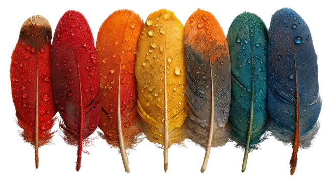 Colorful Feather Array: A captivating assortment of vibrant, multi-hued feathers glistens with delicate water droplets, each displaying its own unique spectrum of color.