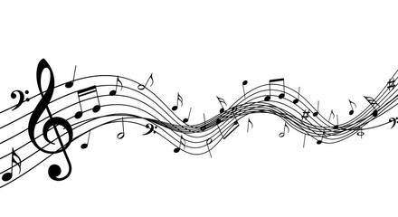 Musical notes dance across the black void