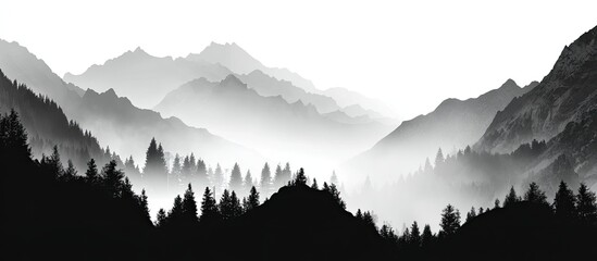 Misty mountain range, black and white, with dense forests