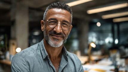 Fototapeta premium portrait of happy mature businessman wearing spectacles and looking at camera multiethnic satisfied man feeling confident in a creative office successful middle eastern business man smiling no logos