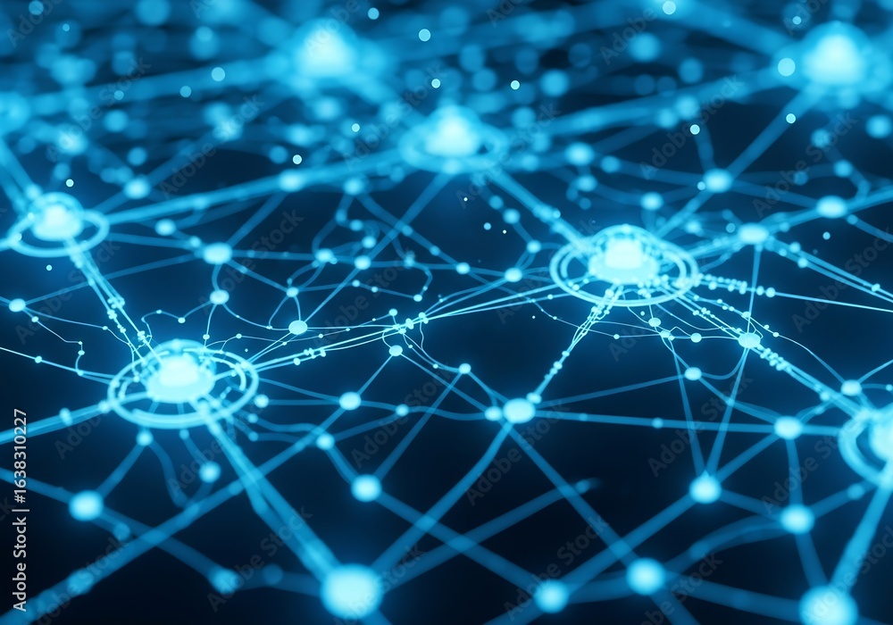 Fototapete abstract glowing network connection system with node and wireframe structure design