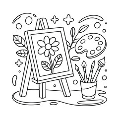 Flower Painting Coloring Page: Cute & Cozy Coloring Book for Relaxation and Creativity. Easy, line art vector illustration, Coloring Pages for Kids & Adults