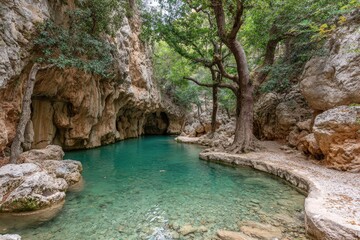 Serene turquoise pool nestled in a rocky gorge. Lush foliage and trees line the canyon walls