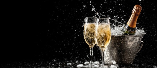 Champagne flutes and bottle in ice bucket with water splashes