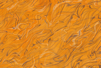 Flowing abstract marbled paper background in warm orange and gold resembling woodgrain and water flow