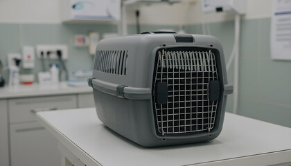Cat carrier on exam table in veterinary clinic environment  