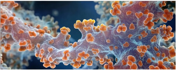 Close up view shows microscopic biological structure with orange features