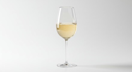 A stemmed wine glass filled with a light yellow liquid, presented against a plain white background