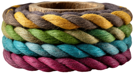 Braided Rope: A close-up shot reveals a vibrant stack of colorful, braided ropes coiled tightly, demonstrating the intricacies of craftsmanship and design. 