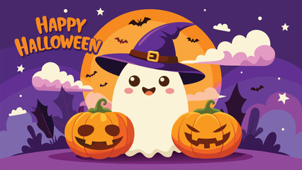 Cute cartoon ghost wearing witch hat with pumpkins and bats halloween