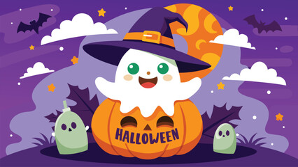 Cute cartoon ghost wearing witch hat on pumpkin with bats and moon halloween