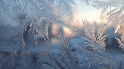 Winter frost patterns on window, sunrise, snowy scene.  Possible use Background