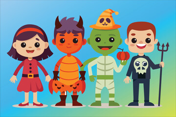 Four cartoon children in Halloween costumes standing together trick or treat party