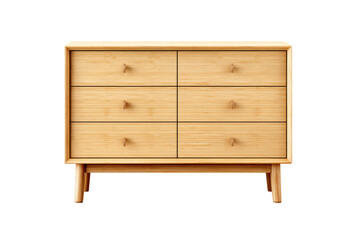 Natural six drawer dresser with round wood knobs in light pine finish isolated on transparent background