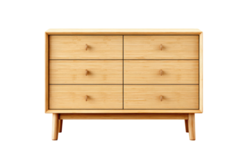 Natural six drawer dresser with round wood knobs in light pine finish isolated on transparent background