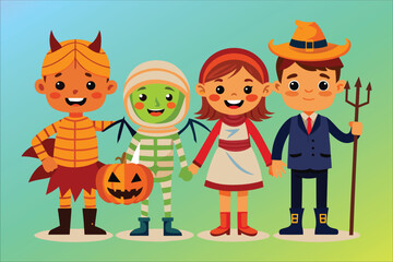 Four cartoon children in Halloween costumes standing together with a pumpkin devil