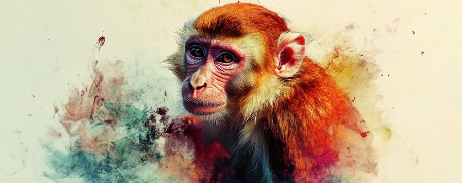 A close up portrait of a monkey with colored artistic backdrop