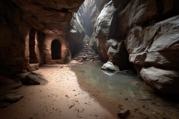 Rocky canyon passage, water reflection