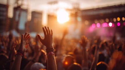 young people dancing and having fun in summer festival party outdoor  crowd with hands up celebrating concert event  soft focus on center hand with yellow background flare  fun and youth concept no l