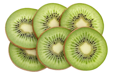 Fototapeta premium Five overlapping kiwi fruit slices arranged in a flower pattern showing green flesh and dark seeds, isolated on a transparent background