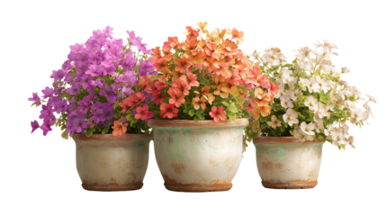 Three potted flowers in pastel colors pretty spring blooms in terracotta pots