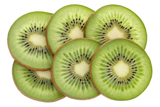 Five overlapping kiwi fruit slices arranged in a flower pattern showing green flesh and dark seeds, isolated on a transparent background