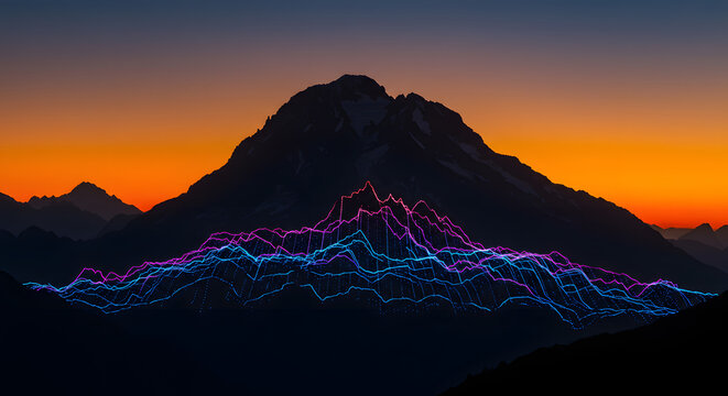 Majestic mountain range silhouette against a vibrant sunset sky enhanced with stylized data visualizations overlaying the topography creating a modern artistic interplay of nature and data