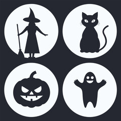 Halloween icons witch cat pumpkin ghost circle silhouettes