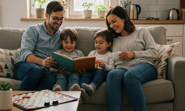 A happy family of four, including two young boys, enjoys story time on a sofa at home. The father reads a book while the mother smiles, holding a mug.