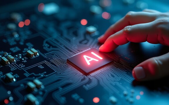 AI generative artificial intelligence and machine learning technology. Man touching AI icon in Semiconductor on electronic circuit board. High quality