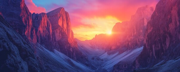 Majestic mountain range silhouettes against a vibrant colorful sunset