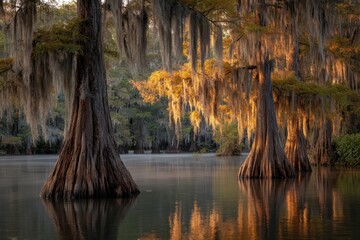 Golden hour sunlight illuminates spanish moss draped cypress trees standing tall in a serene swamp landscape