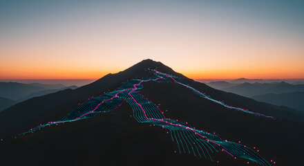 A mesmerizing depiction of a mountain at dusk, adorned with vibrant, digitally rendered lines tracing its contours, creating an ethereal landscape that blends nature with technology and illuminating