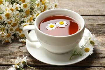 Aromatic tea in cup and chamomile flowers on wooden table, closeup