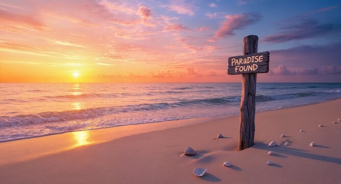 Golden sunset over a tranquil beach with gentle waves, seashells in the sand, and a rustic wooden sign reading “Paradise Found” glowing in warm evening light - AI Generated Digital Art