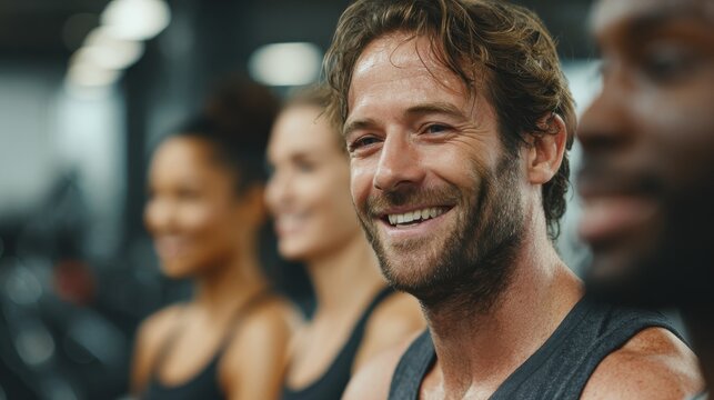 fitness sport training gym and lifestyle concept  group of smiling people exercising in the gym no logos no brands ar 169