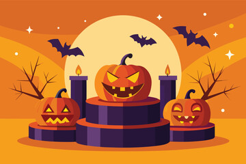 Three carved Halloween pumpkins with glowing eyes and mouths on purple stands with candles and bats
