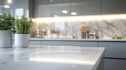 Fototapeta premium Modern kitchen interior with marble countertop and potted herbs. Sleek cabinets and warm lighting create a stylish atmosphere.