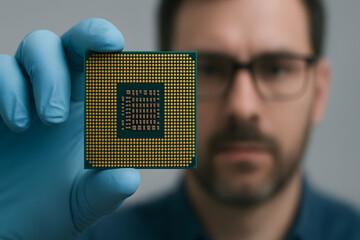 Man hand holding microprocessor chip close up, scientist engineer in laboratory glove examining CPU semiconductor processor, computer hardware integrated circuit technology research concept, artificia