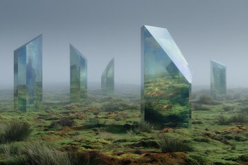 Glass prisms stand in a foggy, mossy field