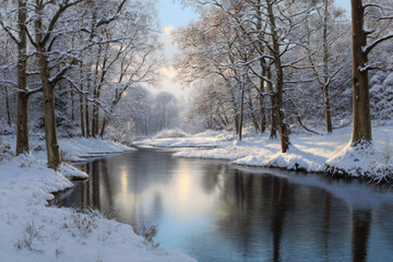 Serene winter landscape with a reflecting river flowing through snow covered trees and sunlight