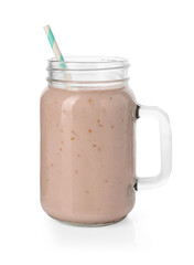 Tasty raspberry milkshake in mason jar isolated on white