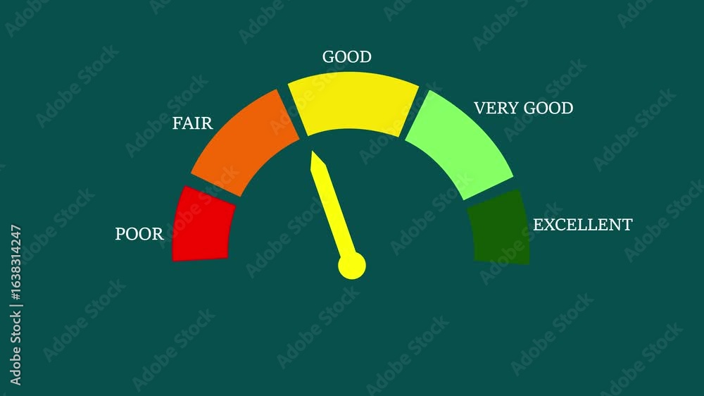 Poster credit score level meter animation on cyan background .colorful rating meter scale from bad to good 