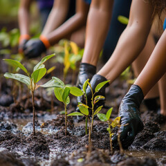 Young mangrove saplings being planted