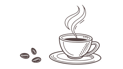 A steaming cup of coffee on a saucer with coffee beans scattered beside it in a simple line drawing