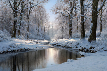 Tranquil winter stream meandering through a snow covered forest under a bright sky