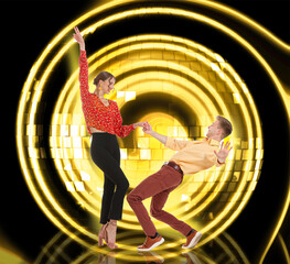 Retro party poster. Couple dancing against bright background with disco ball, creative collage
